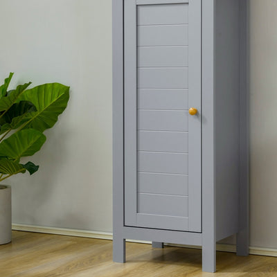 kleankin Bathroom Floor Storage Cabinet with 3 Tier Shelf and Cupboard with Door, Free Standing Linen Tower, Tall Slim Side Organizer Shelves, Grey