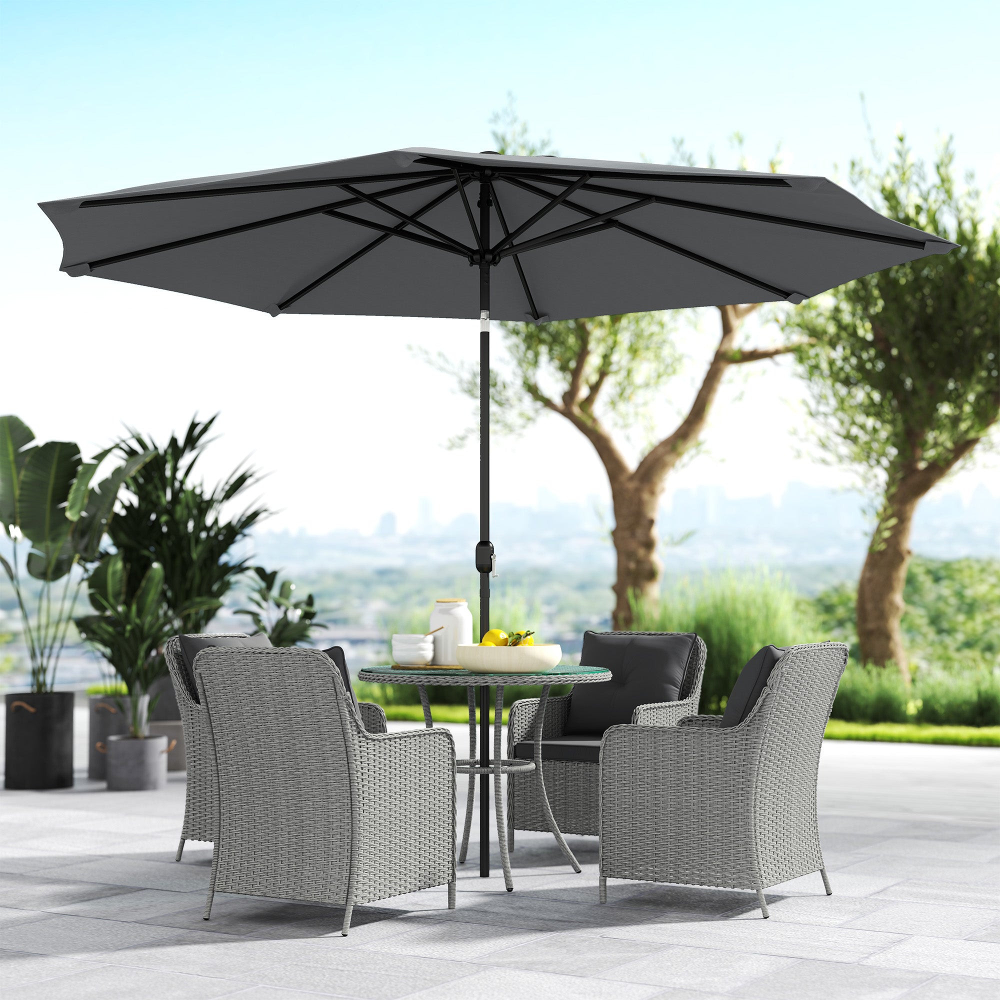 Outsunny 4 Seater Rattan Dining Set with Parasol & Cushions - Light Grey