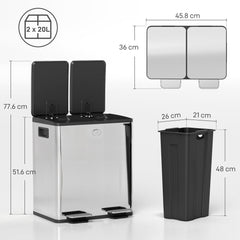HOMCOM 40L Dual Compartment Stainless Steel Bin, with Deodoriser Holders - Silver Tone
