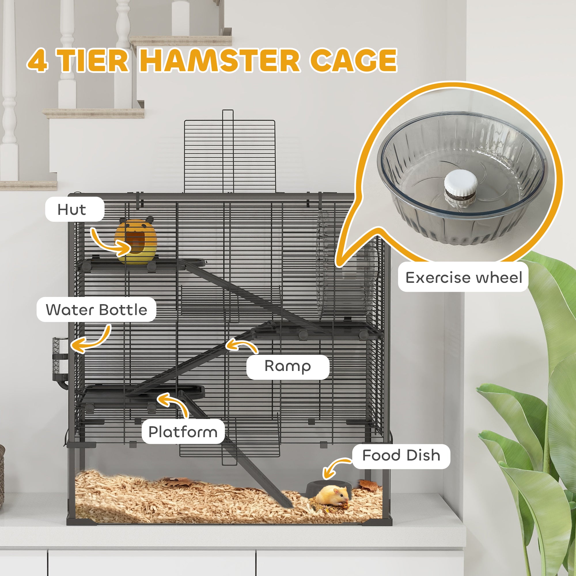 PawHut Four-Tier Hamster Cage with Deep Tempered Glass Bottom, Hut, Running Wheel, Food Dish, Water Bottle, 78.5 x 48.5 x 80cm