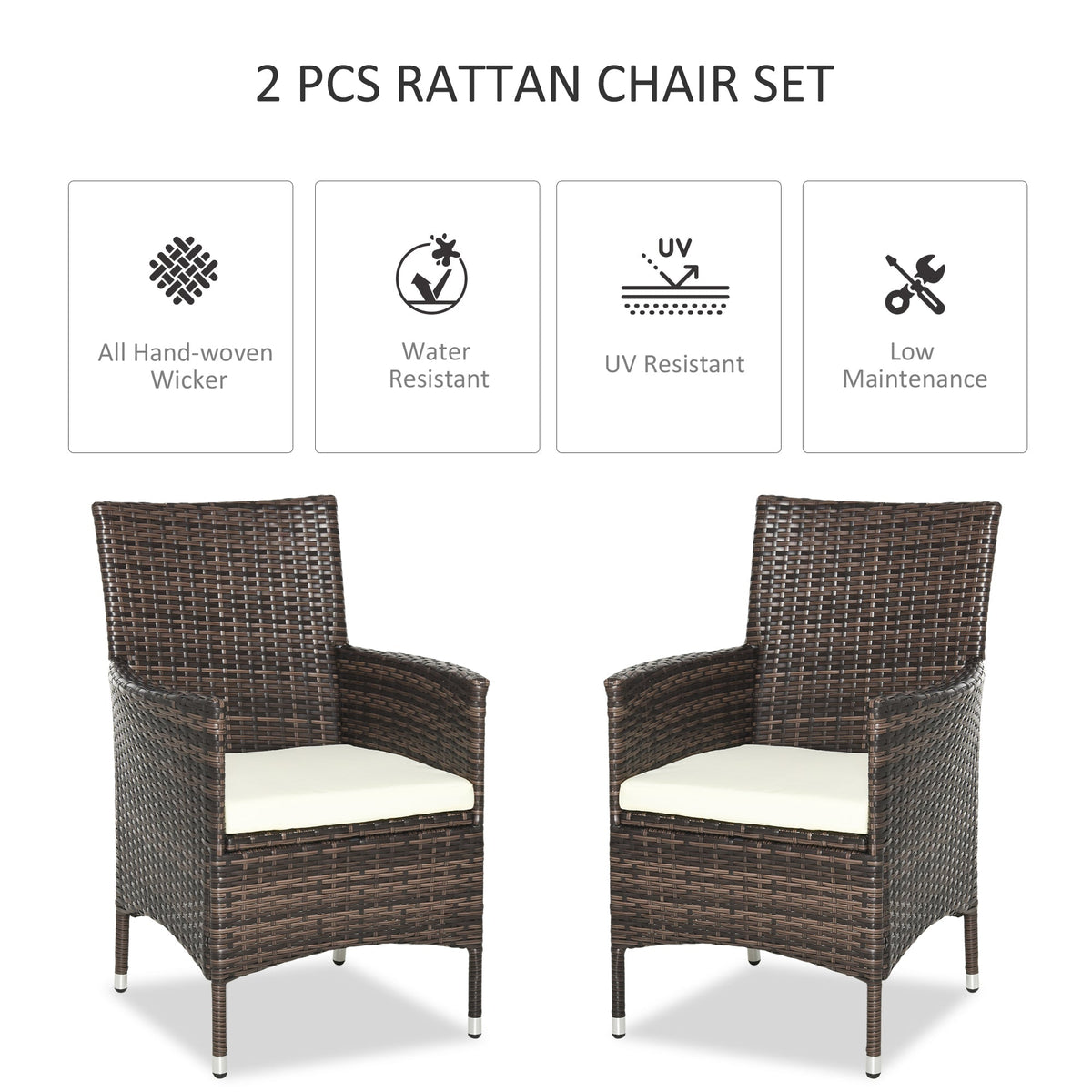 Outsunny 2 PC Outdoor Rattan Armchair Dining Chair Garden Patio Furniture w/ Armrests Cushions Mixed Brown