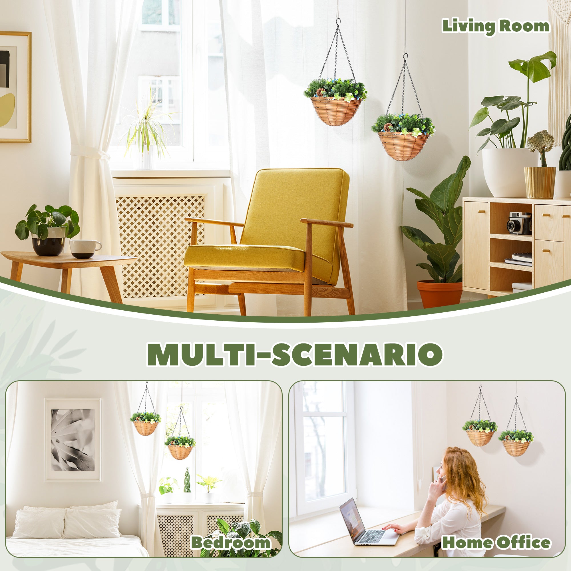 HOMCOM Artificial Flowers in Basket Set of 2, Artificial Hanging Baskets with PE Leaves, 18 Flowers and 3 Pinecones in Pot, Decorative Faux Plant for Home Office Decor, Green