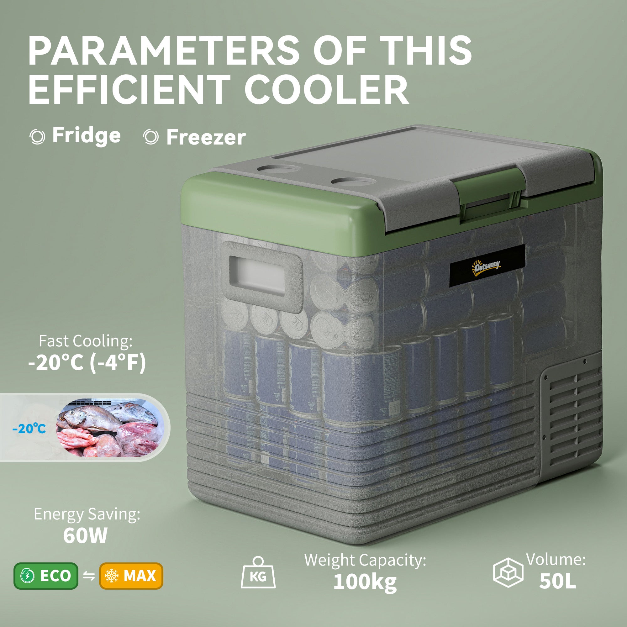 Outsunny 50L Portable Car Refrigerator - Light Green and Grey