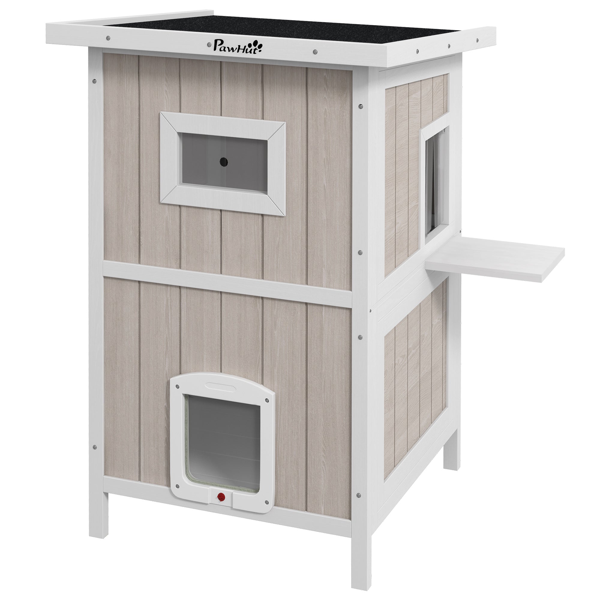 PawHut Outdoor 2 Tiers Wooden Cat Shelter w/ Removable Bottom, Escape Doors, Asphalt Roof, for 1-2 Cats - Light Grey