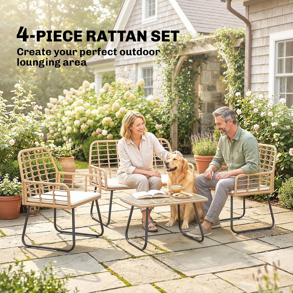 Outsunny 4 Piece Rattan Garden Furniture Set, Outdoor Patio Furniture with Loveseat, Armchairs and Coffee Table