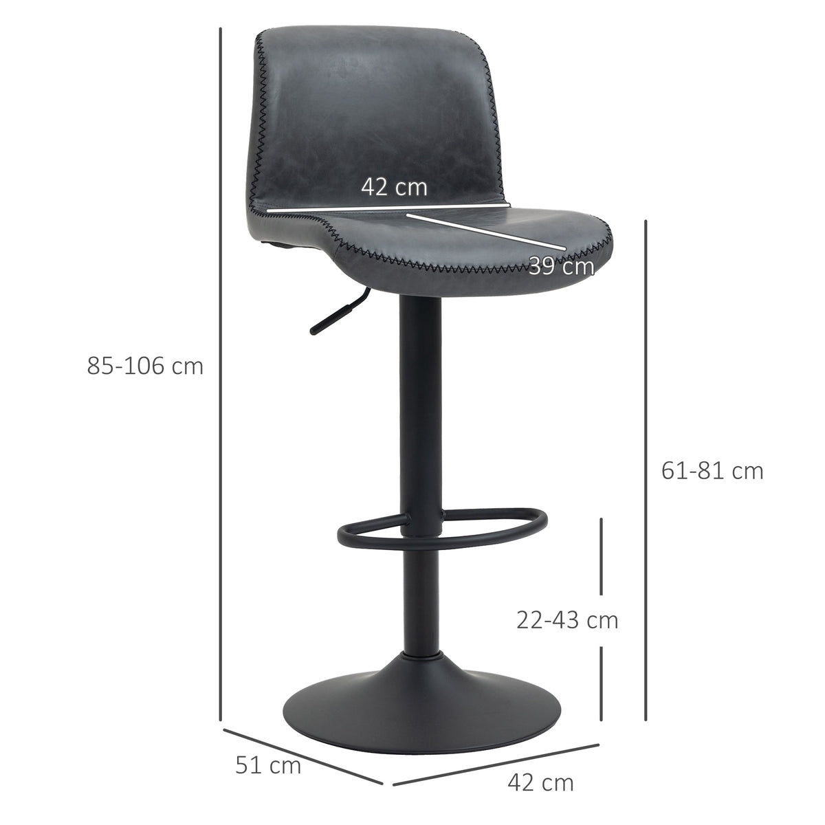 HOMCOM Bar Stools Set of 2, PU Leather Barstools with Backrest and Footrest for Kitchen, Counter, Breakfast Bar, Dark Grey