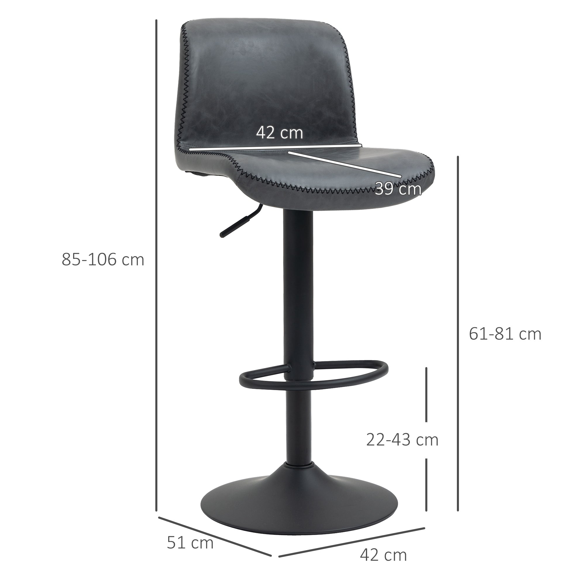 HOMCOM Bar Stools Set of 2, PU Leather Barstools with Backrest and Footrest for Kitchen, Counter, Breakfast Bar, Dark Grey