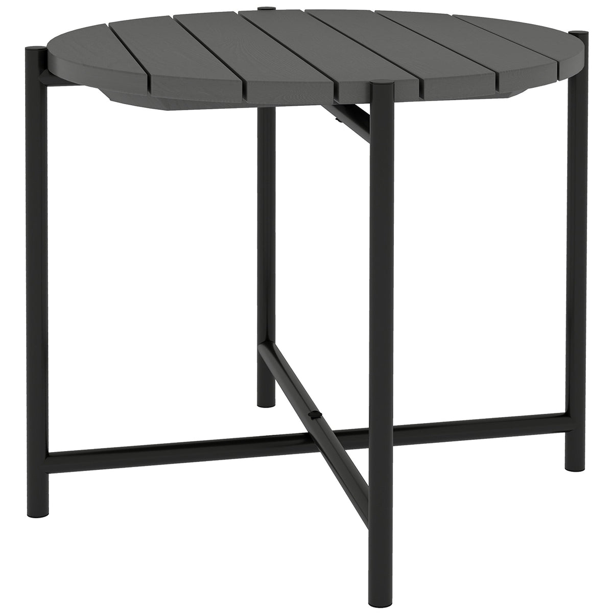 Outsunny 54 cm Round Outdoor Side Table, Industrial Small Garden Table with Slatted Wood Top and Metal Frame, Dark Grey