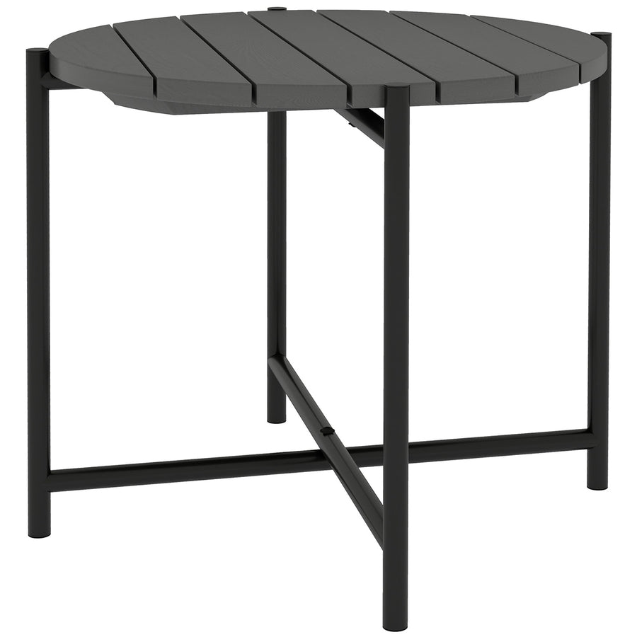Outsunny 54 cm Round Outdoor Side Table, Industrial Small Garden Table with Slatted Wood Top and Metal Frame, Dark Grey