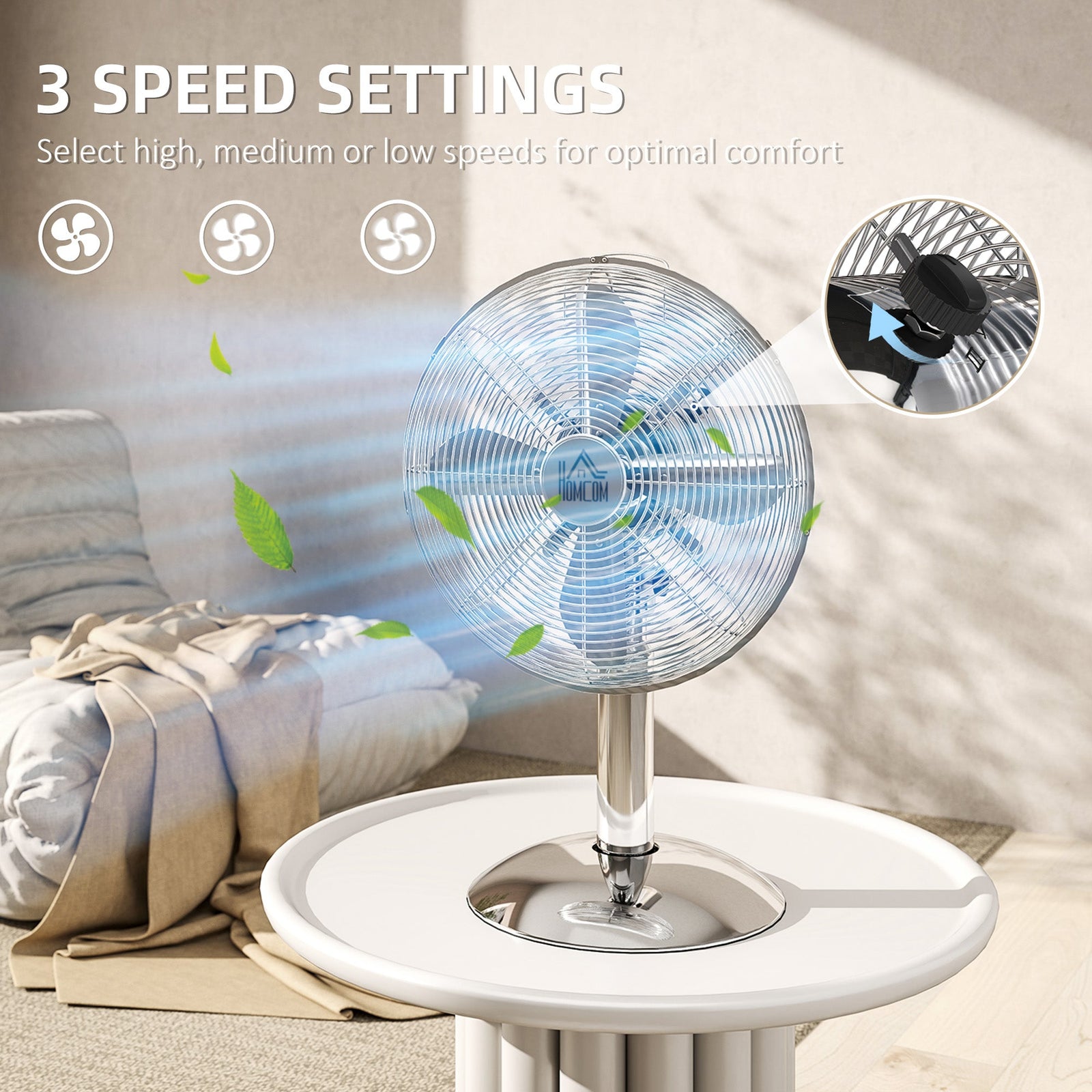 HOMCOM Three-Speed Oscillating Desk Fan - Silver-Tone
