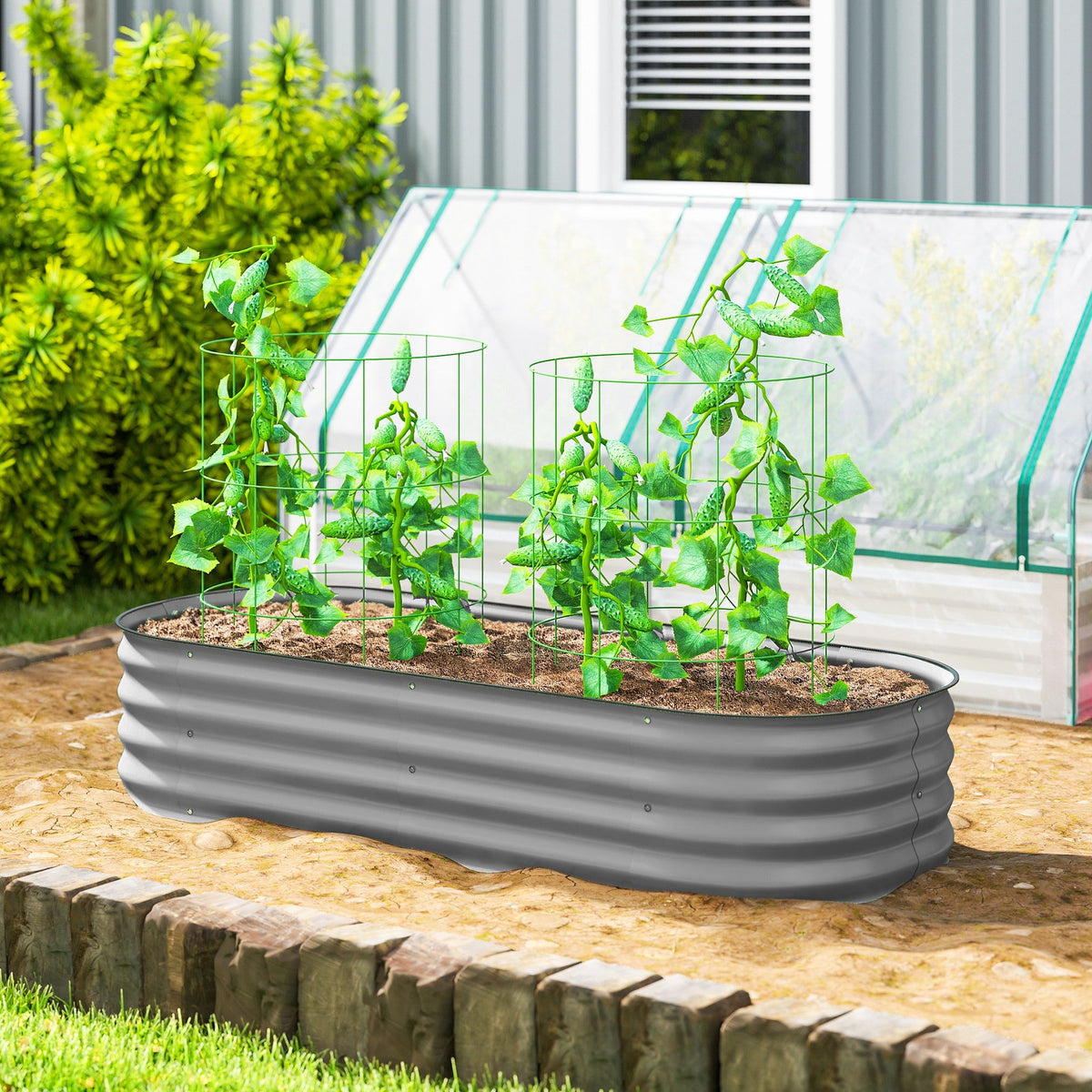 Outsunny Galvanised Raised Garden Bed, Metal Planter Box with Safety Edging, for Flowers, Herbs, Succulents, Silver