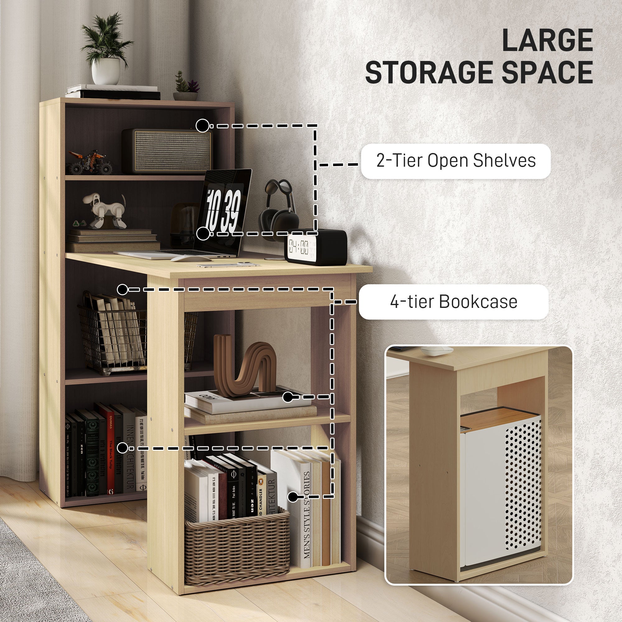 HOMCOM 120cm Computer Desk, Wooden PC Laptop Table with 6-Tier Storage Bookshelves, Home Office Working Study Desk, Writing Workstation, Natural Wood