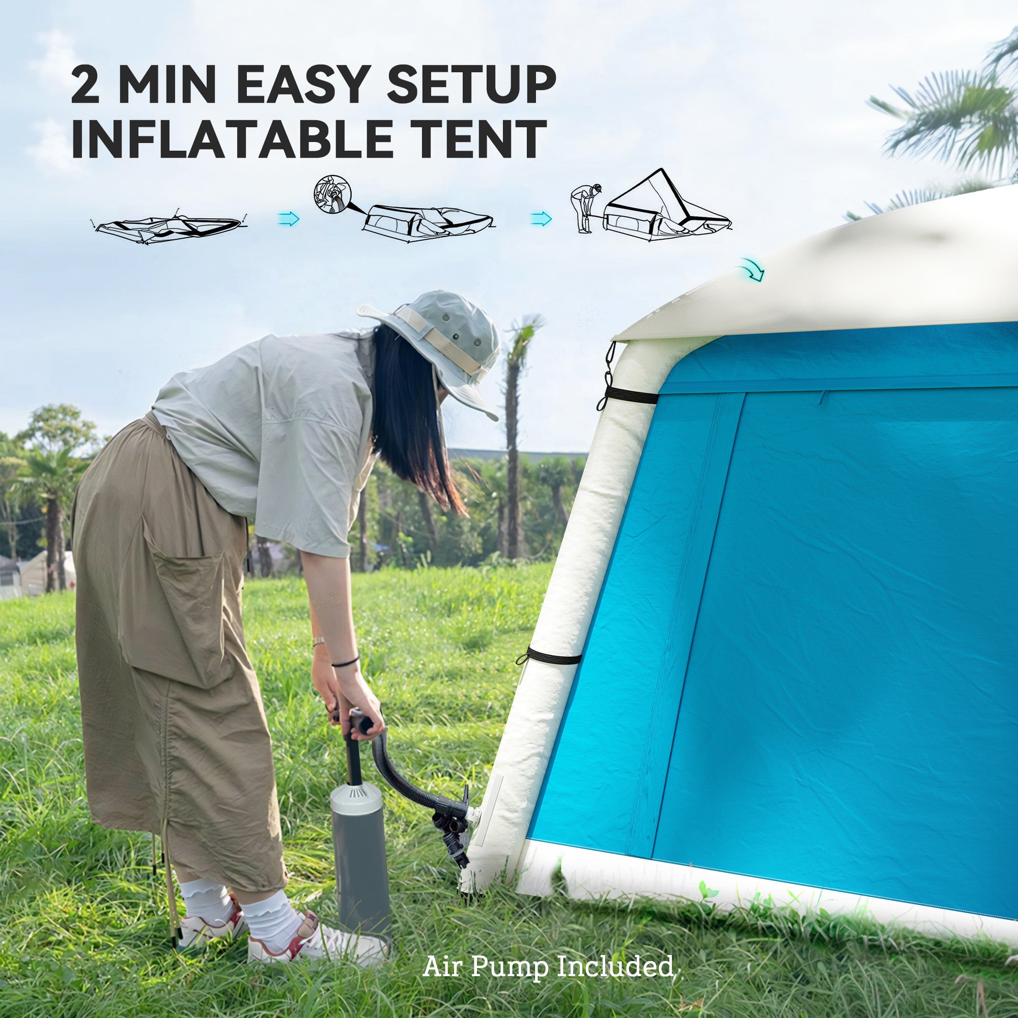 Outsunny Inflatable Camping Tent w/ Hand Pump, Easy Setup 1/2 Person Blow Up Tent Waterproof 190T Taffeta w/ Mesh Windows, Doors and Carry Bag, Light Blue