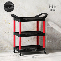 HOMCOM 3-Tier Rolling Tool Cart, Tool Trolley on Wheels, Plastic Mobile Service Utility Cart with Handles for Garage