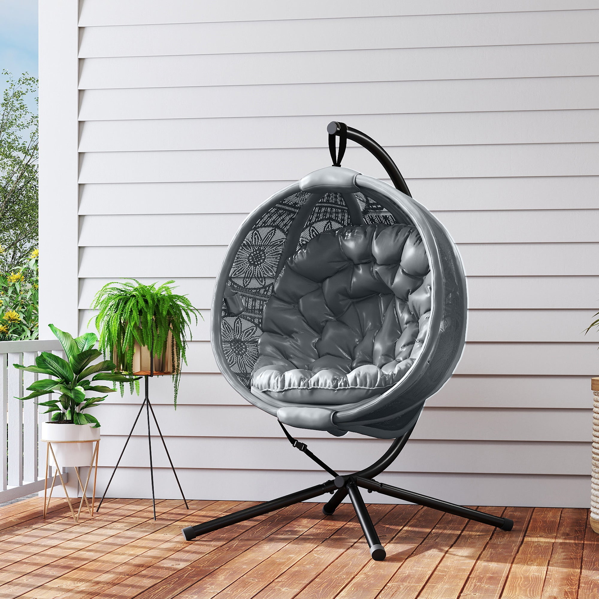 Outsunny Round Egg Basket Chair, with Steel Stand, Charcoal Grey