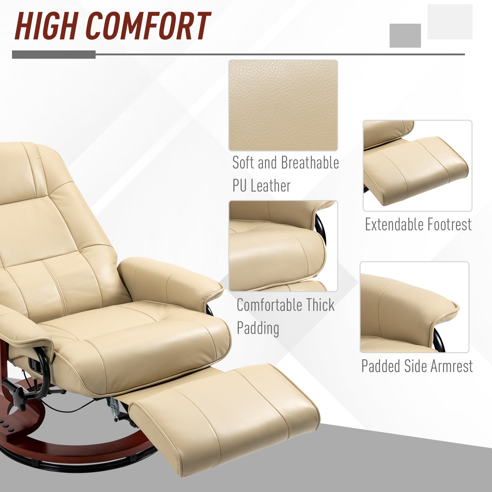 HOMCOM Faux Leather Armchair, with 145√Ç¬∞ Reclining Back and Footrest - Cream