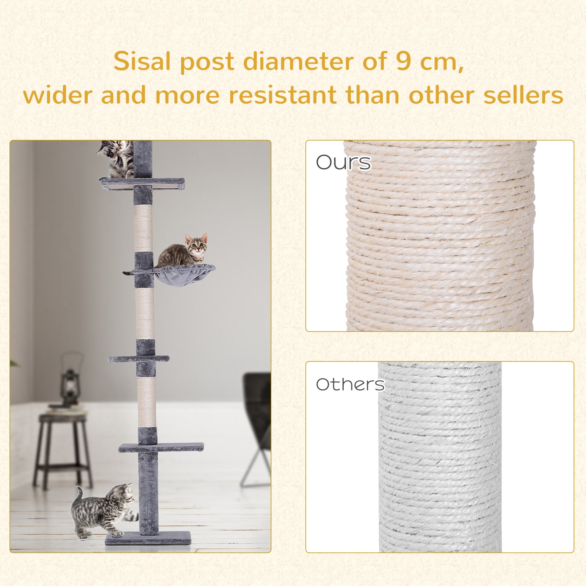 PawHut Floor to Ceiling Cat Tree for Indoor Cats 5-Tier Kitty Tower Climbing Activity Center Scratching Post Adjustable Height 230-260 cm Grey