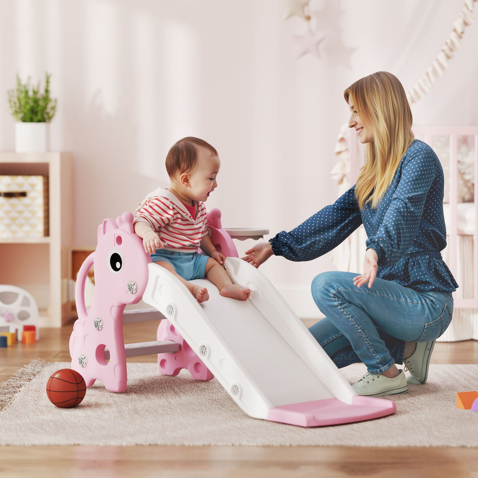 AIYAPLAY 3 in 1 Kids Slide with Climber, Basketball Hoop and Ball, Giraffe Shape Climber Slide for Indoor Kids Age 1-3, Pink
