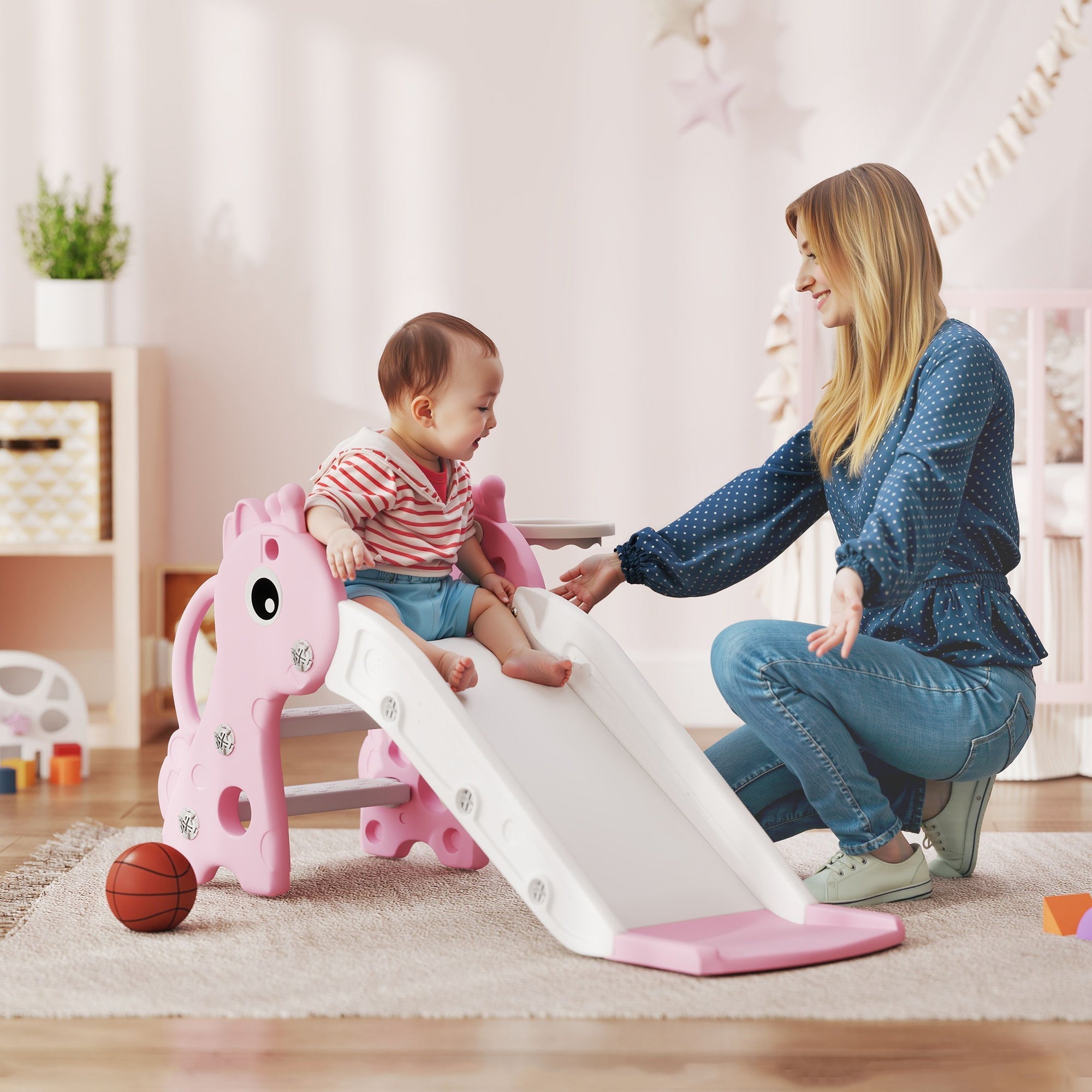 AIYAPLAY 3 in 1 Kids Slide with Climber, Basketball Hoop and Ball, Giraffe Shape Climber Slide for Indoor Kids Age 1-3, Pink
