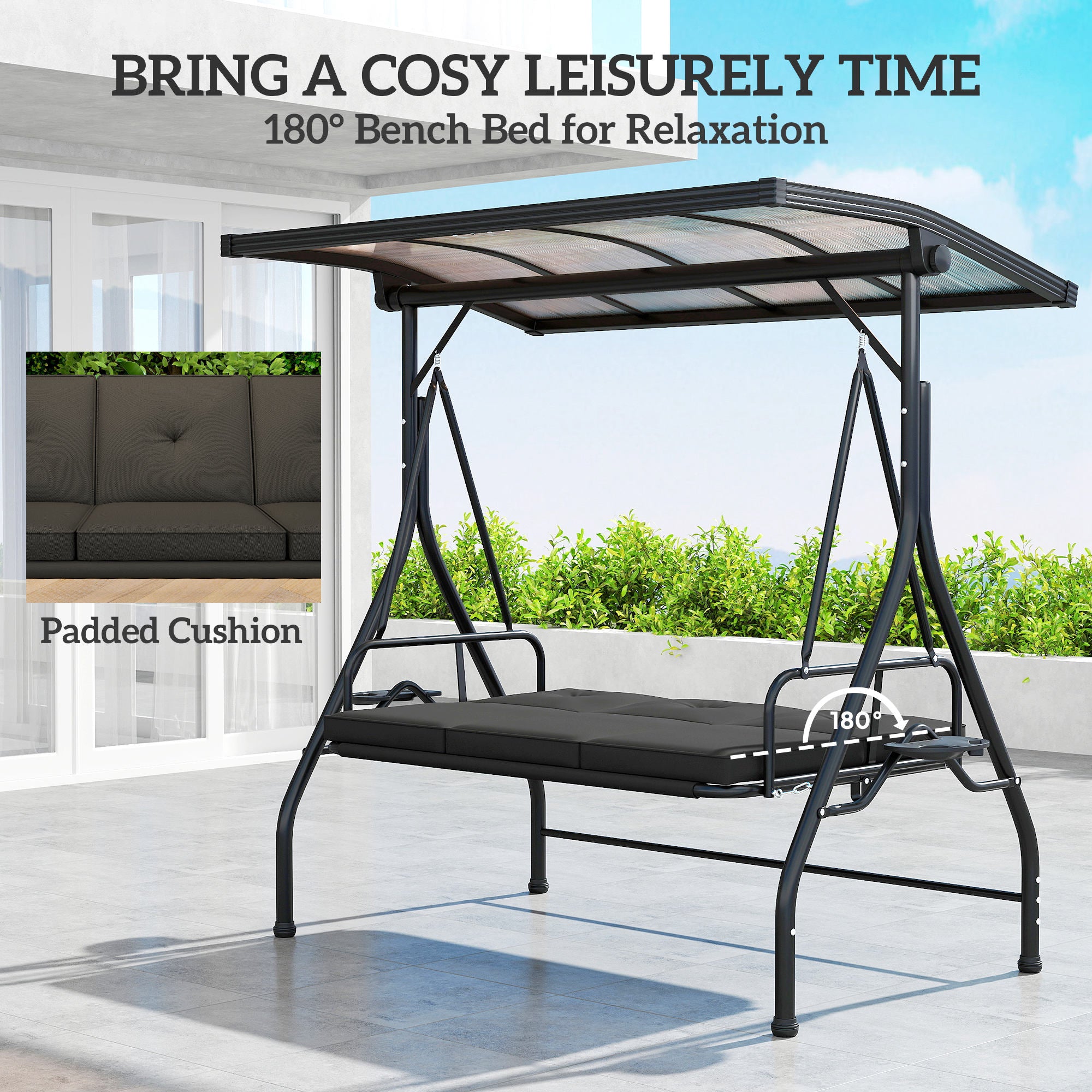 Outsunny Convertible Three-Seater Swing Bench Bed - Black
