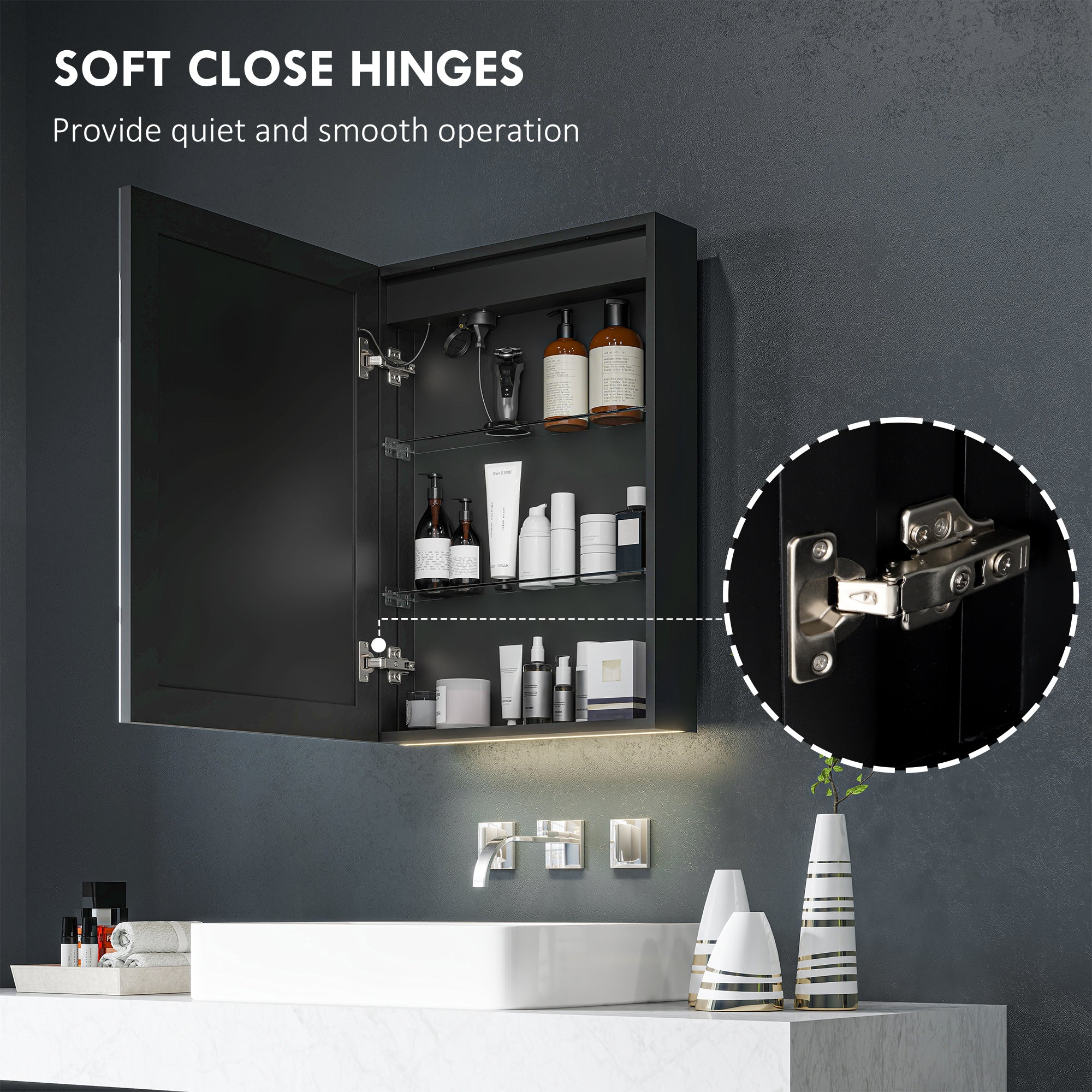 HOMCOM Bathroom Mirror Cabinet with LED Lights and Shaver Socket, 500 x 700 mm Wall Mounted Bathroom Cabinet with Mirror, Demister Pad, Dimmer, 3 Colours, Medicine Cabinet, Black