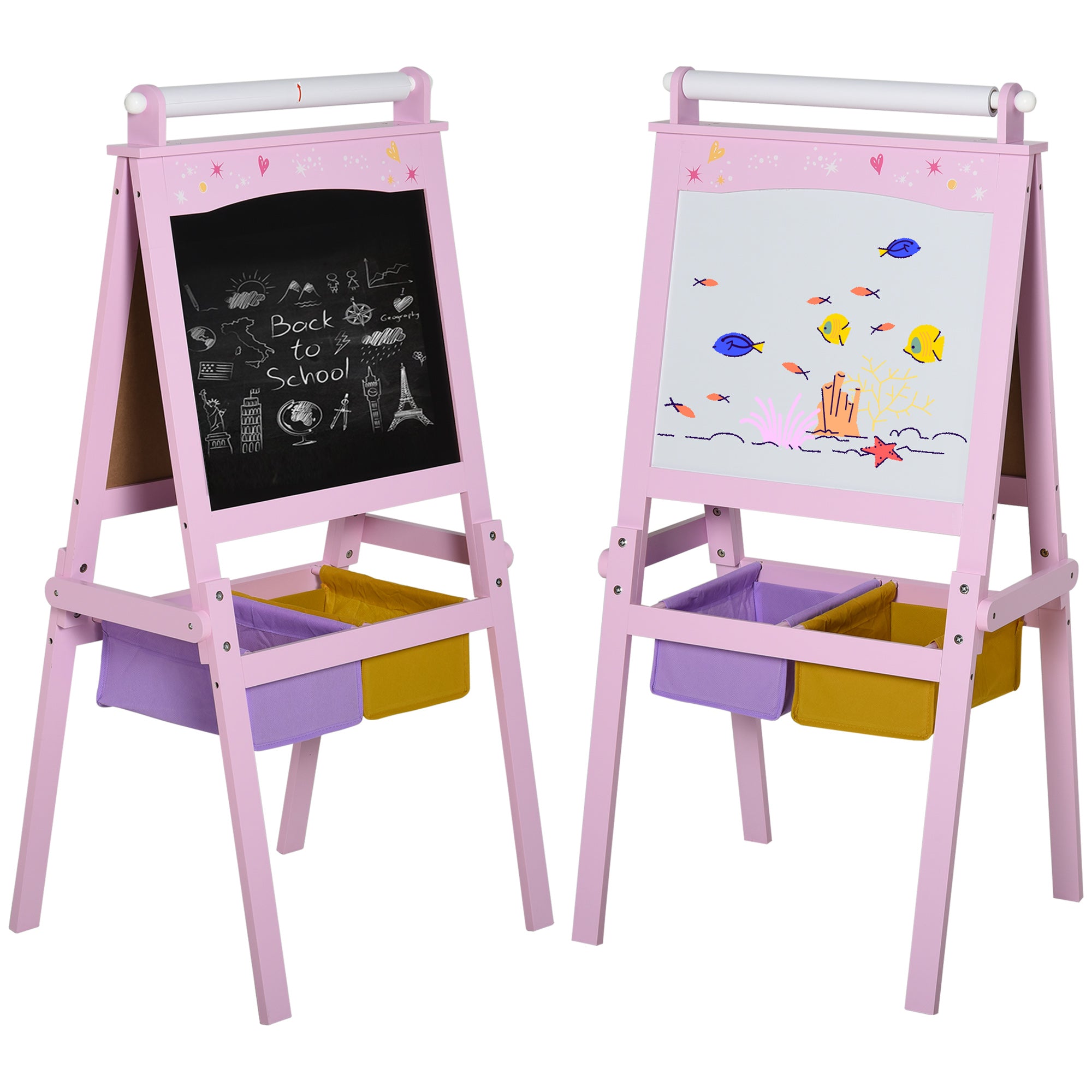 HOMCOM Kids Easel 3 in 1 Wooden Art Easel with Paper Roll Double-Sided Chalkboard & Whiteboard with Storage Baskets for Toddler Girls, Pink