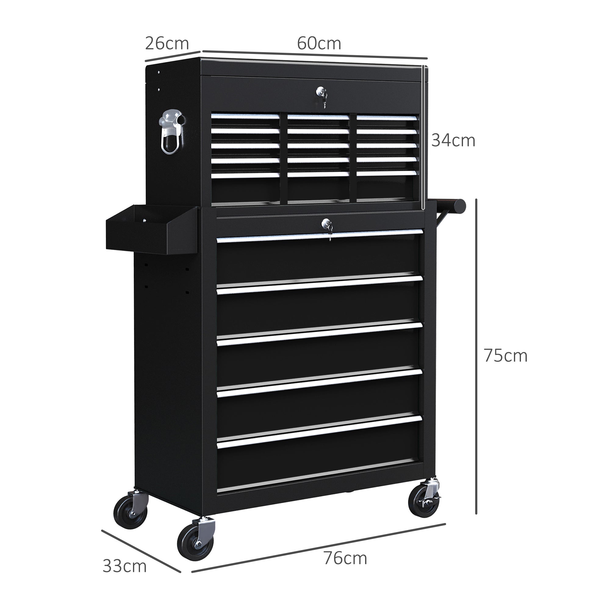 HOMCOM 14 Drawer, Two-Part Tool Storage Chest on Wheels - Black