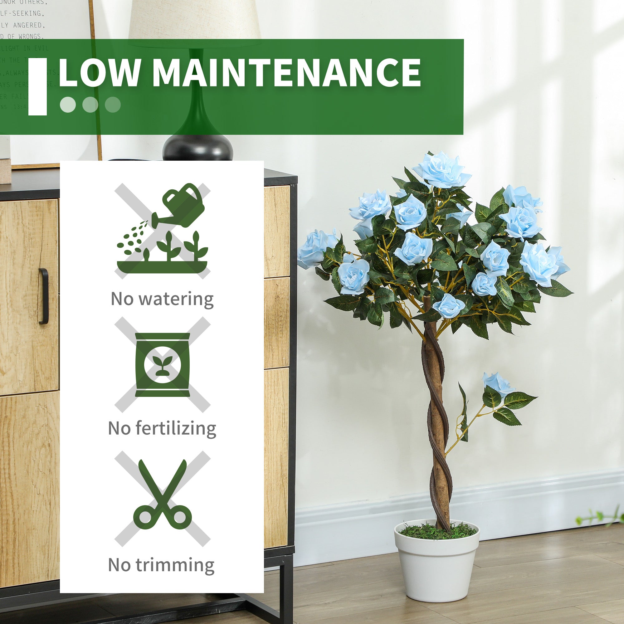 Outsunny Set of 2 Artificial Plants White Rose Floral in Pot, Fake Plants for Home Indoor Decor, 90cm, Light Blue