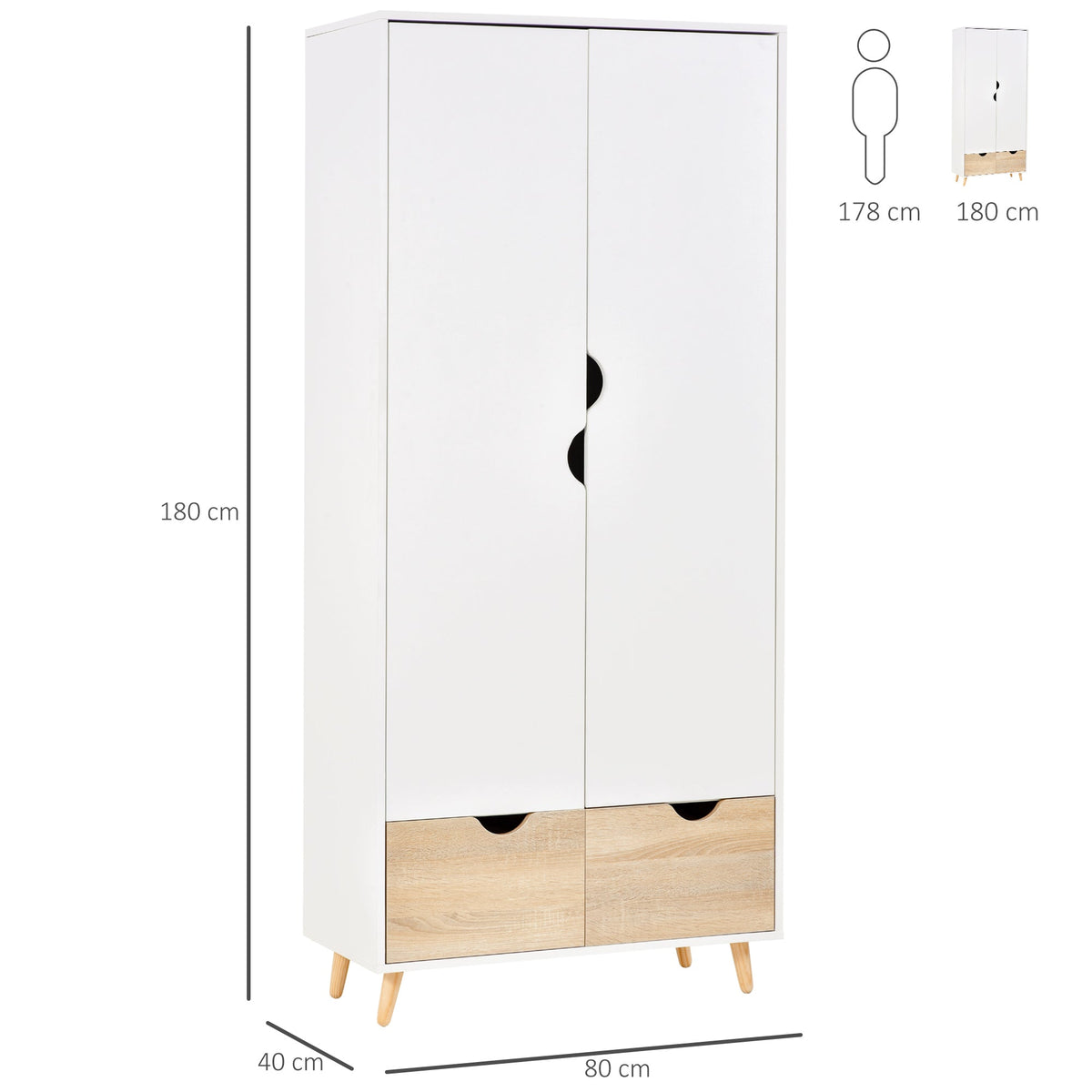 HOMCOM 2-Door Clothes Wardrobe w/ Rail Shelf 2 Drawers Wood Feet Elegant Home Storage Organisation Furniture, White