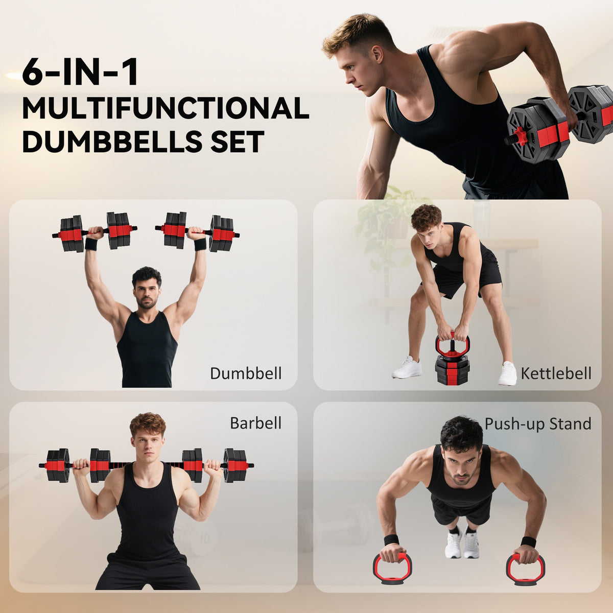 SPORTNOW 6-in-1 Adjustable Weight Dumbbells Set, Used as Kettlebell, Barbell, Dumbbell, Push-Up Stand, 20kg Free Weights Set for Men and Women Home Gym Training, Red