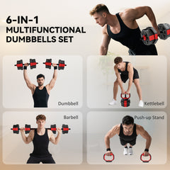 SPORTNOW 6-in-1 Adjustable Weight Dumbbells Set, Used as Kettlebell, Barbell, Dumbbell, Push-Up Stand, 20kg Free Weights Set for Men and Women Home Gym Training, Red