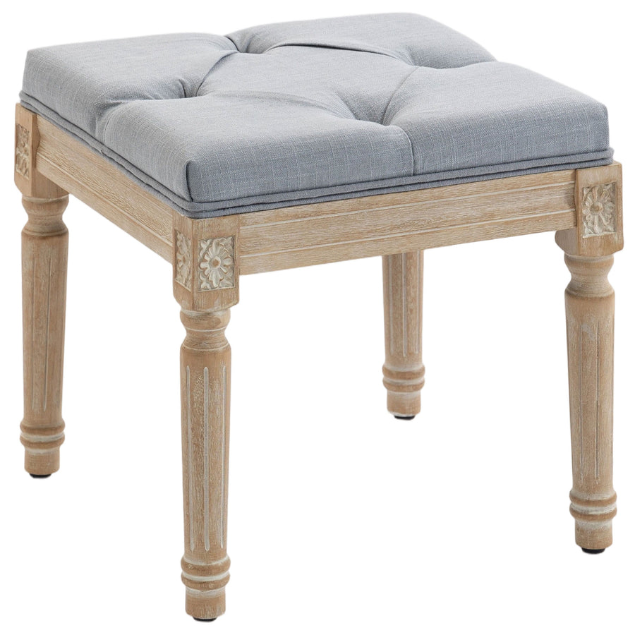 HOMCOM Vintage Foot Stool, Tufted Square Footrest with Wood Legs, Light Grey