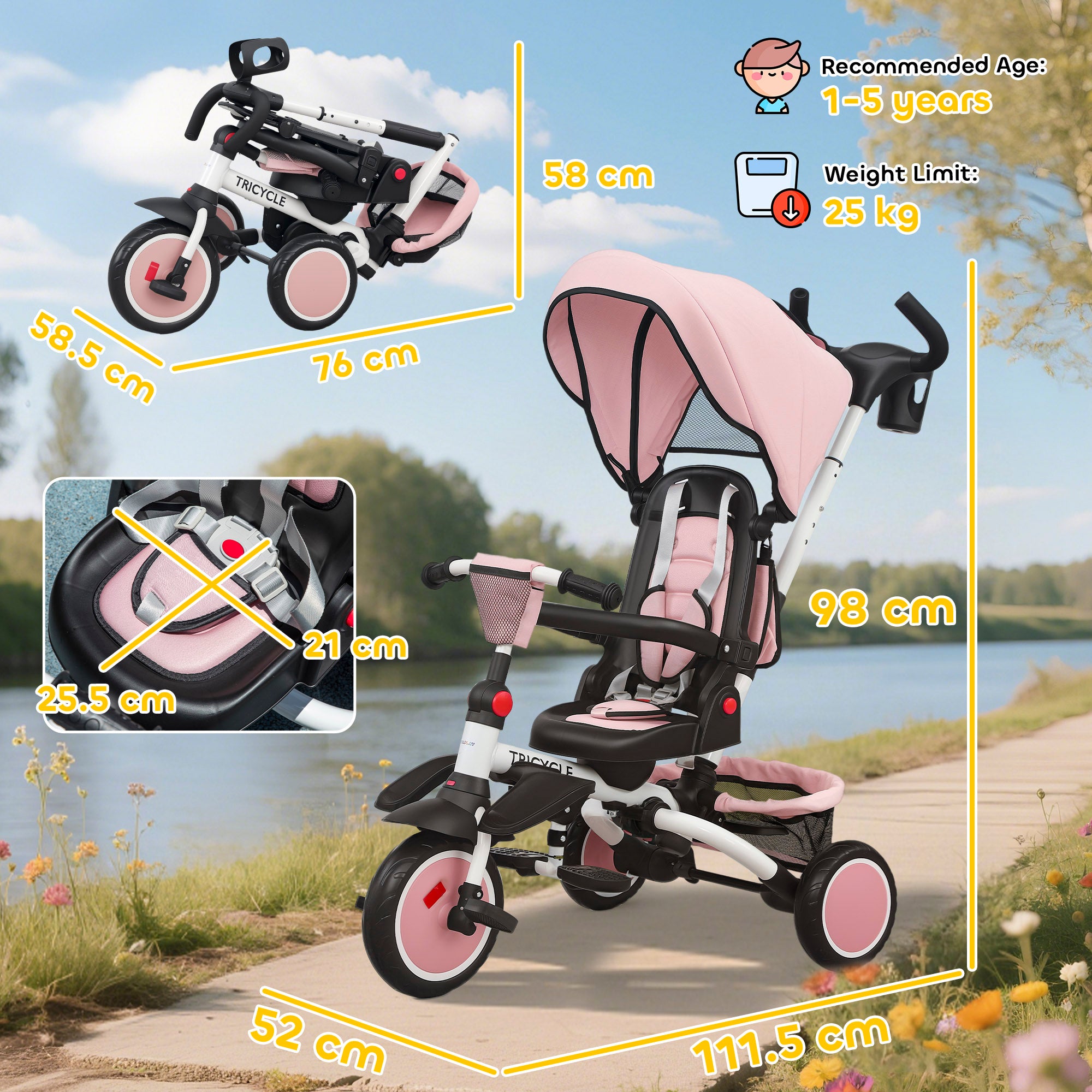 AIYAPLAY 6 in 1 Foldable Kids Trike with Adjustable Parent Handle & Canopy for Ages 1-5, Pink