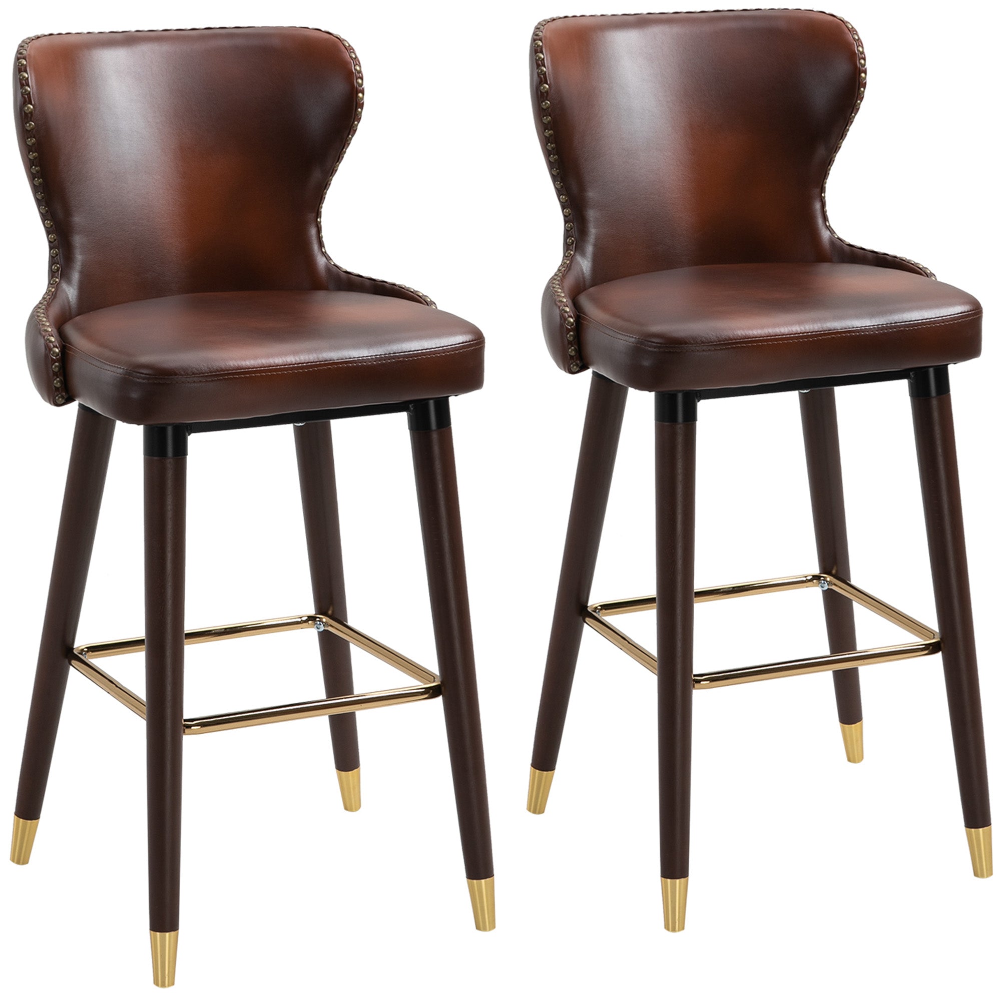 HOMCOM Bar Stools Set of 2, PU Leather Vintage Counter-Height Bar Chair, Luxury European Style Kitchen Stools with Back, Brown