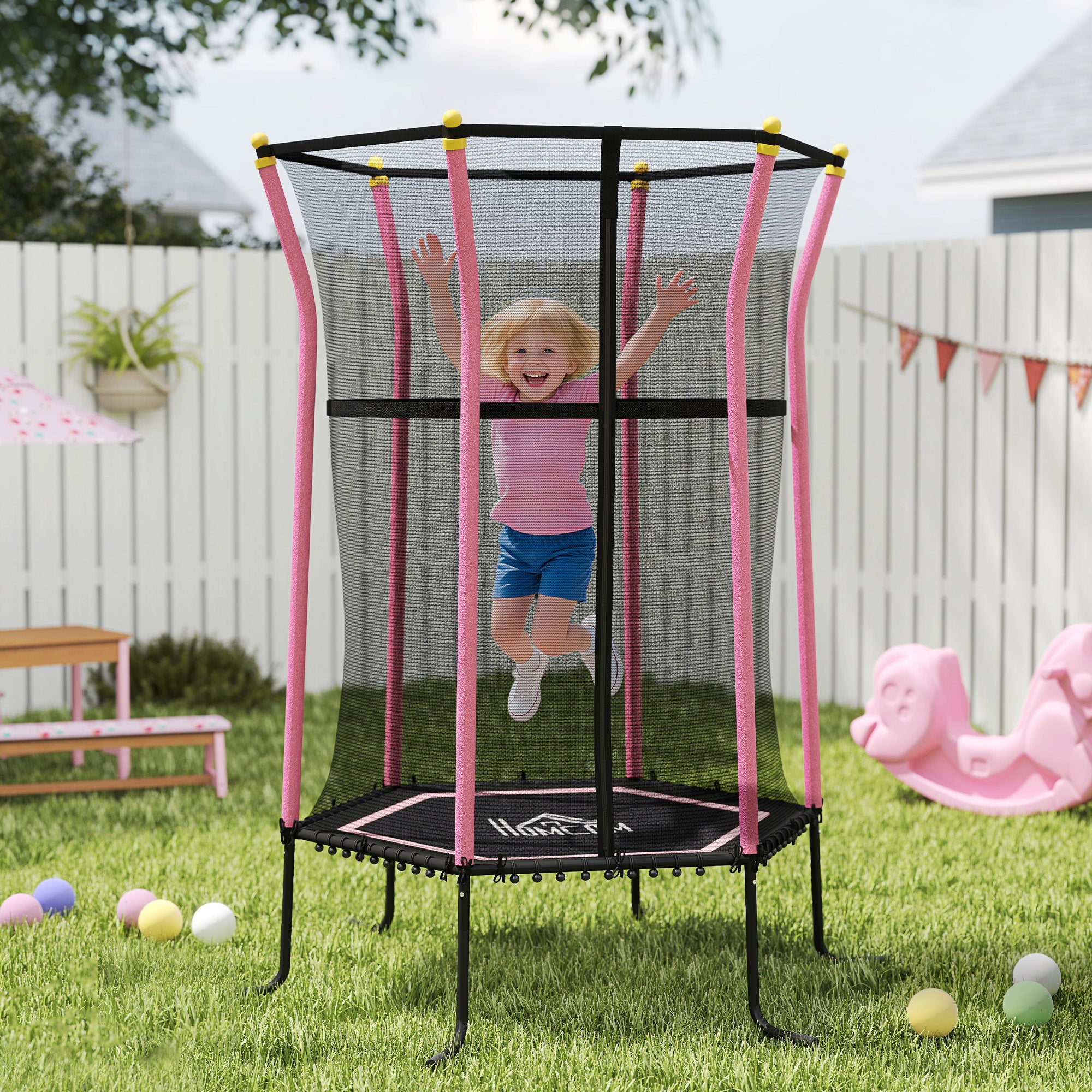 HOMCOM Kids Trampoline Mini Bouncer with Enclosure Safety Net For Ages 3-10 Years - Pink