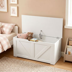HOMCOM 100L Home Storage Box, with Safety Hinge - White Wood-Effect