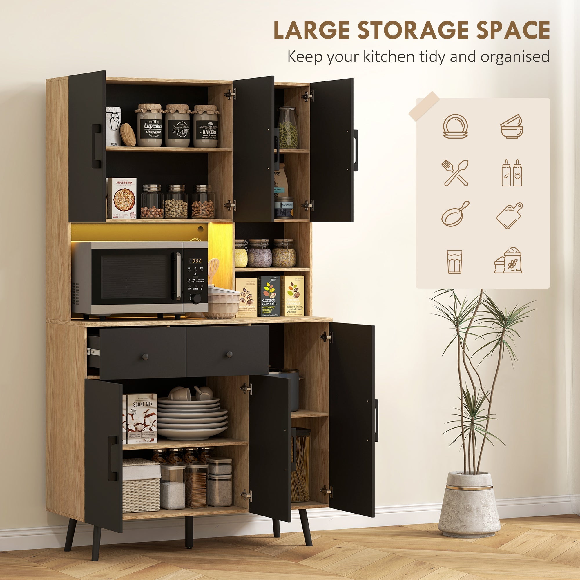 HOMCOM 176 cm Kitchen Cupboard with LED Lights - Oak and Black
