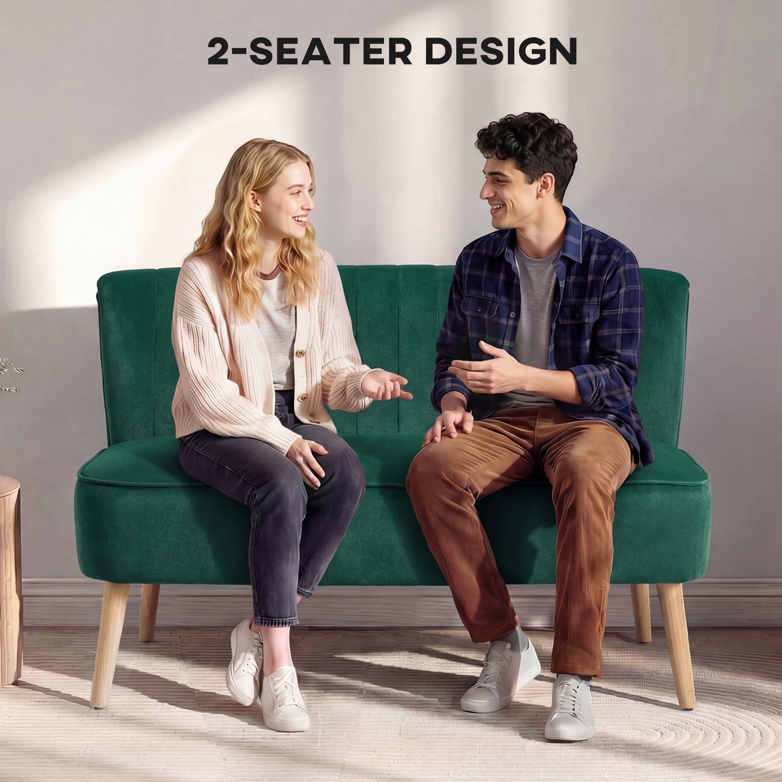 HOMCOM 117cm Loveseat Sofa Upholstered Small 2 Seater Sofa with Thick Padded Seat and Rubber Wood Legs, Dark Green