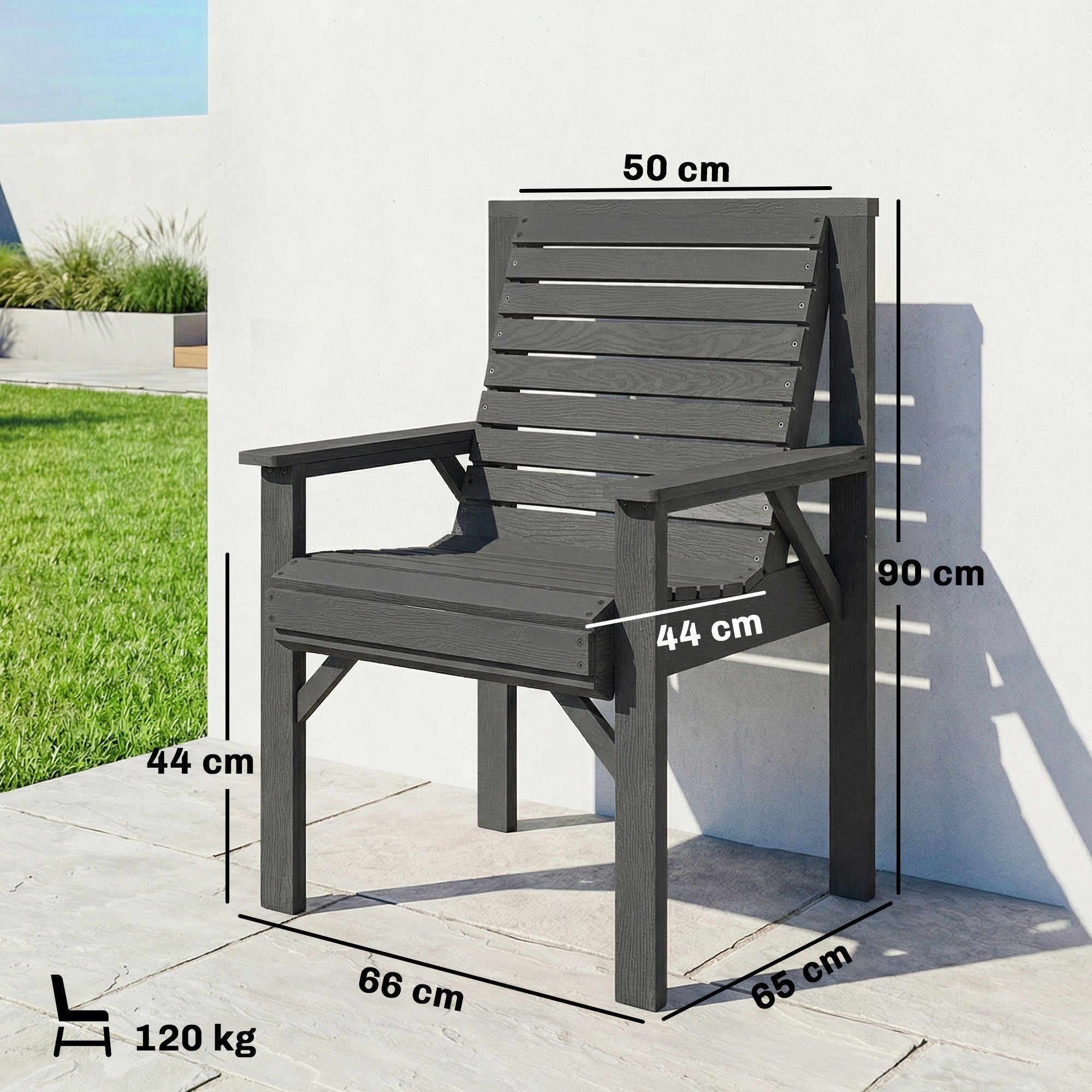 Outsunny Wooden Garden Dining Chair, Outdoor Chair Garden Armchair with Curved Seat and Wide Armrests, Grey Embossed Finish