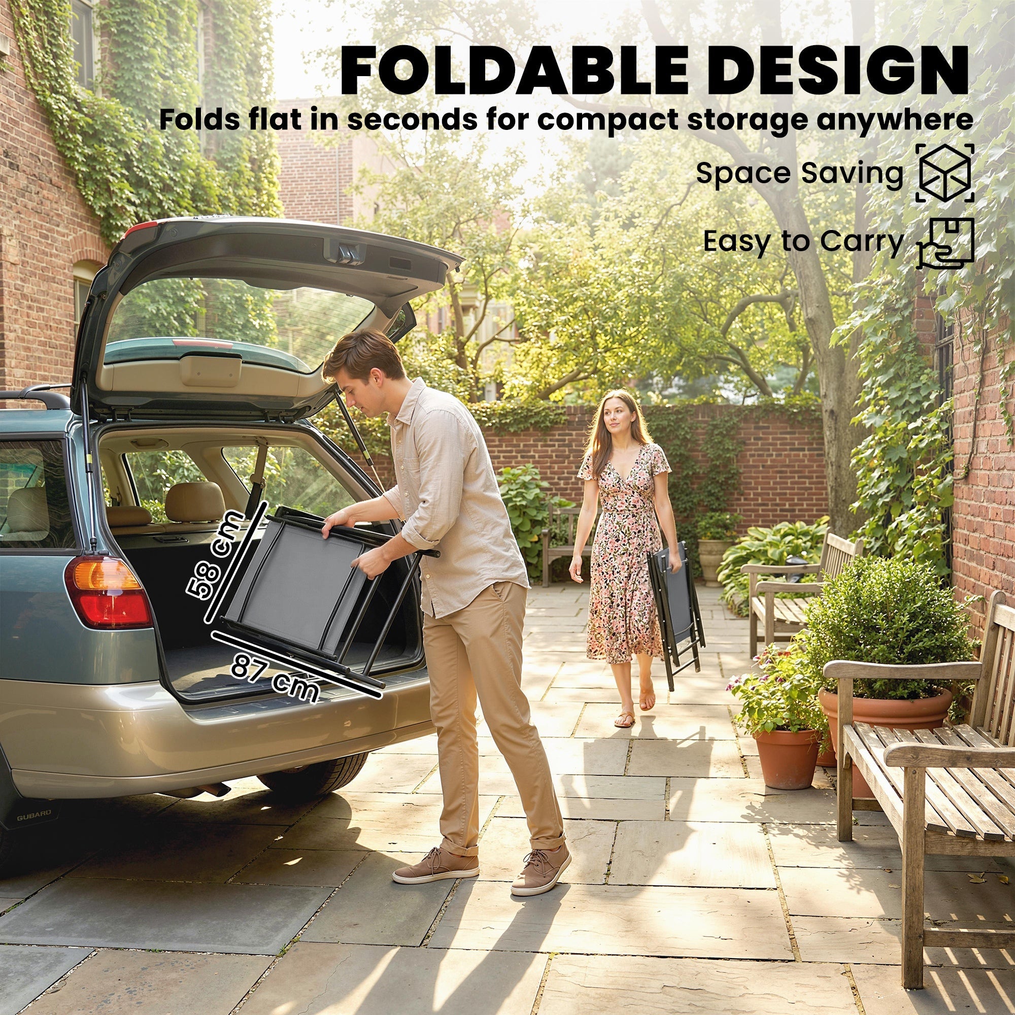 Outsunny Folding Garden Chairs Set of 2, Foldable Garden Dining Chairs with High Back, Armrests, Texteline Seat, Light Grey