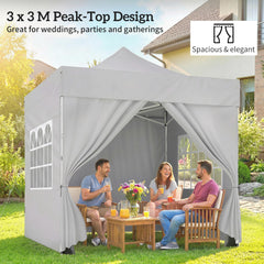 Outsunny 3 x 3 m Pop Up Gazebo with Sidewalls, UPF50+ Heavy Duty Garden Party Tent Marquee with Wheeled Carry Bag, Silver Grey