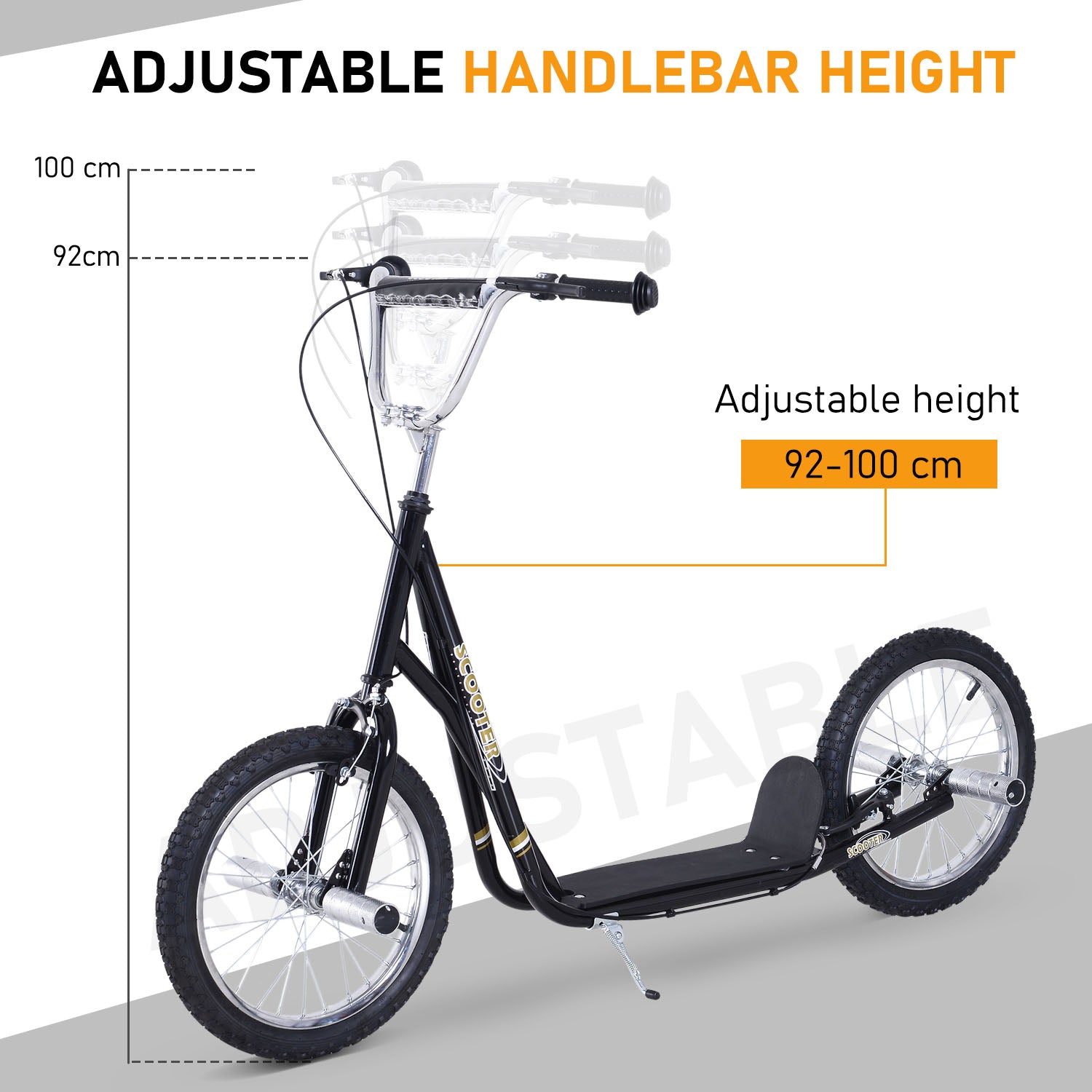 HOMCOM Stunt Scooter, Kids Scooter with 16" Big Wheels, Adjustable Height, Dual Brakes, for Ages 5+ Years, Black