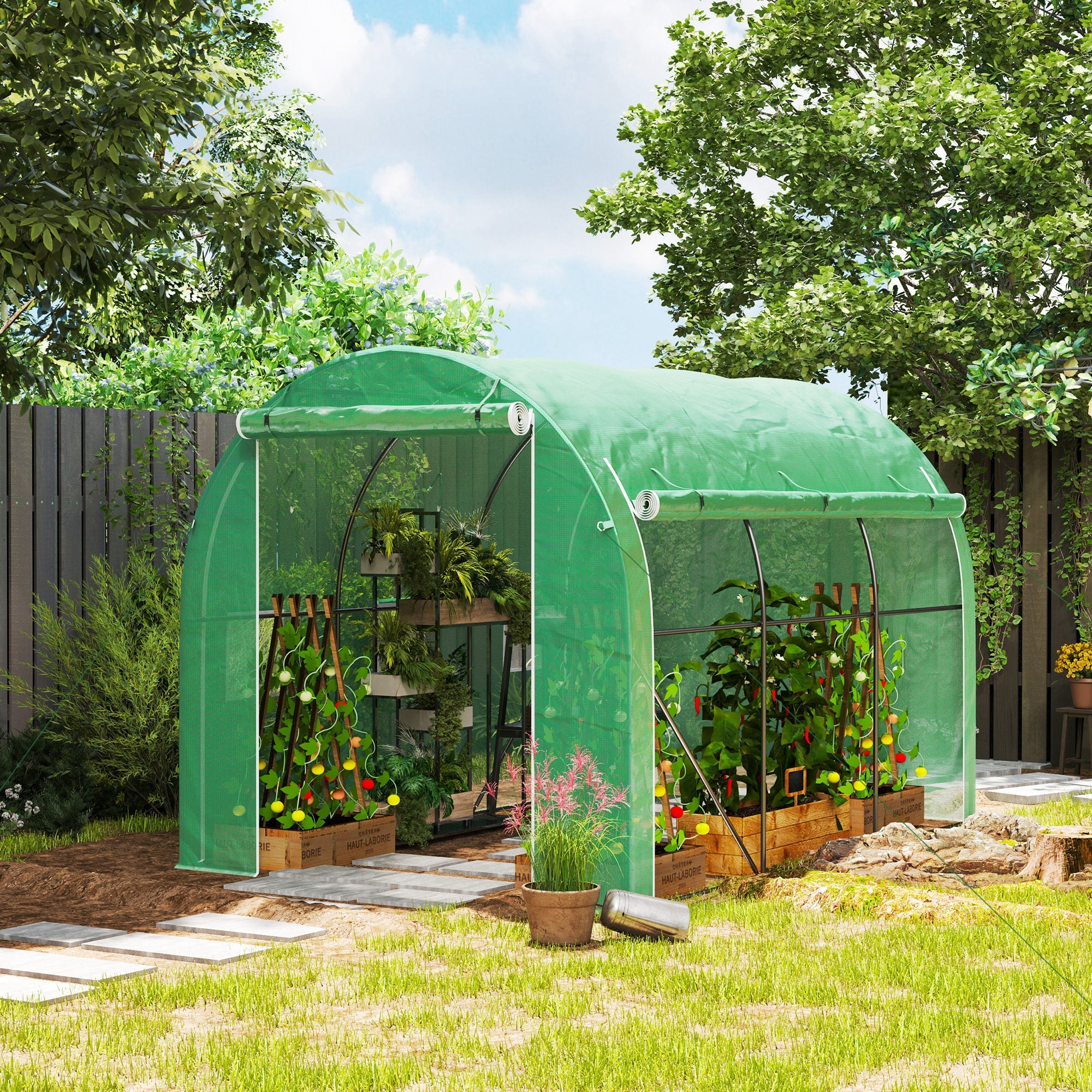 Outsunny 296 x 196cm Steel Frame Polytunnel Greenhouse - Green