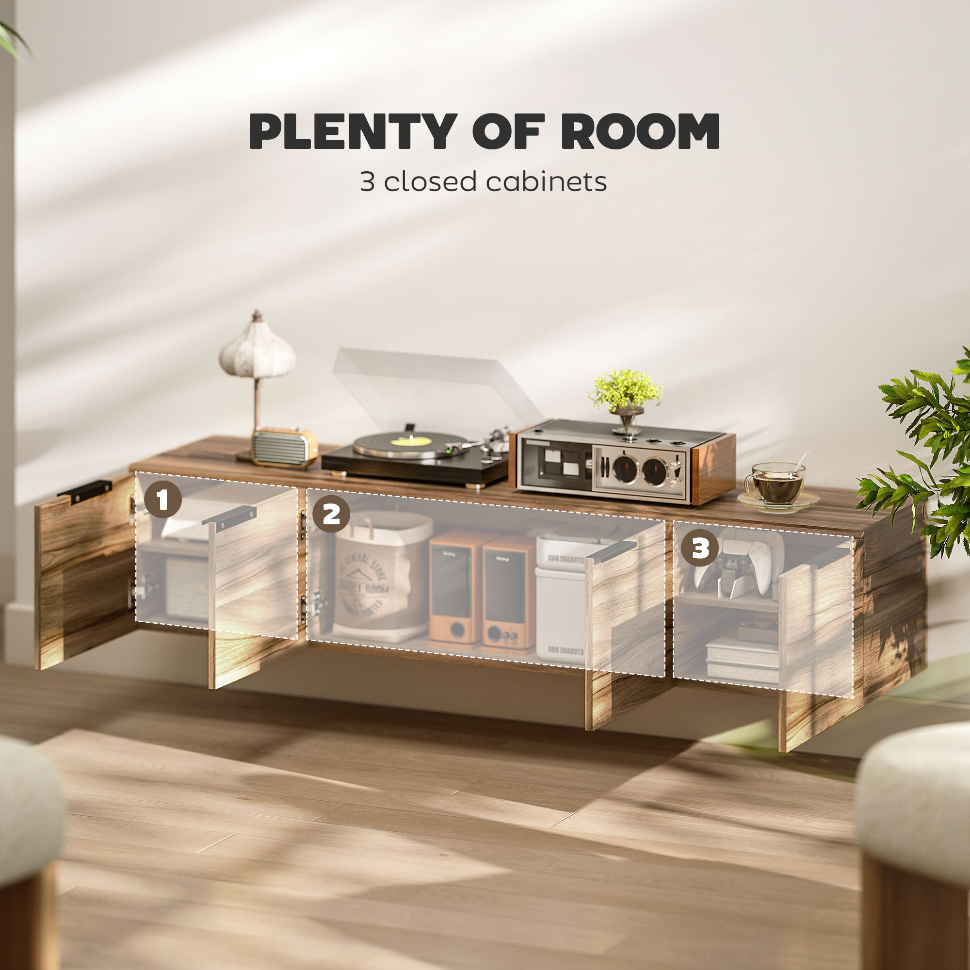 HOMCOM Floating TV Unit, 150 cm Wall Mounted TV Stand Cabinet with Shelves and Doors, Entertainment Media Console for Living Room, Bedroom, Rustic Brown