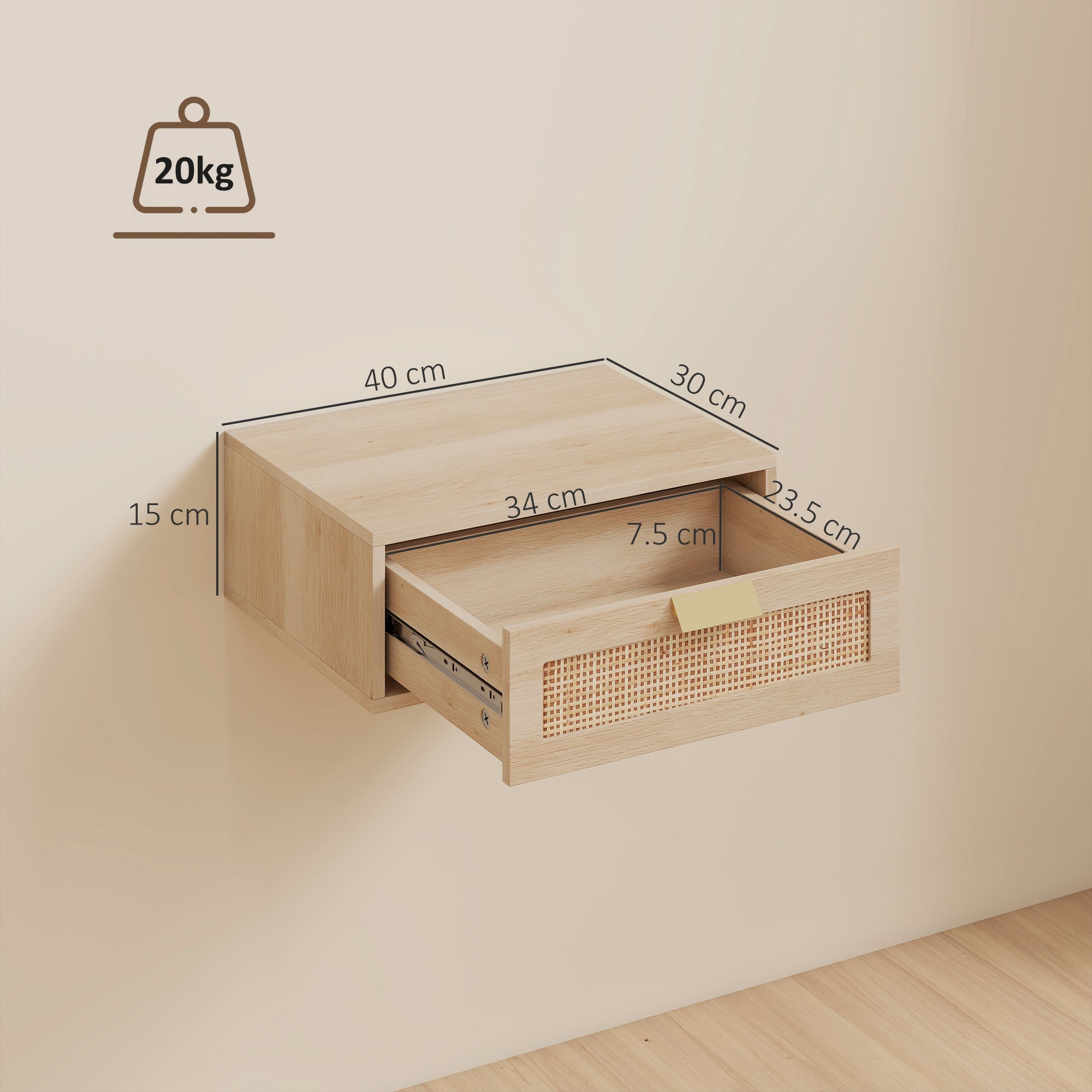 HOMCOM Floating Bedside Tables Set of 2, Wall Mounted Bedside Cabinets with Rattan Drawer and Wood Effect, Oak