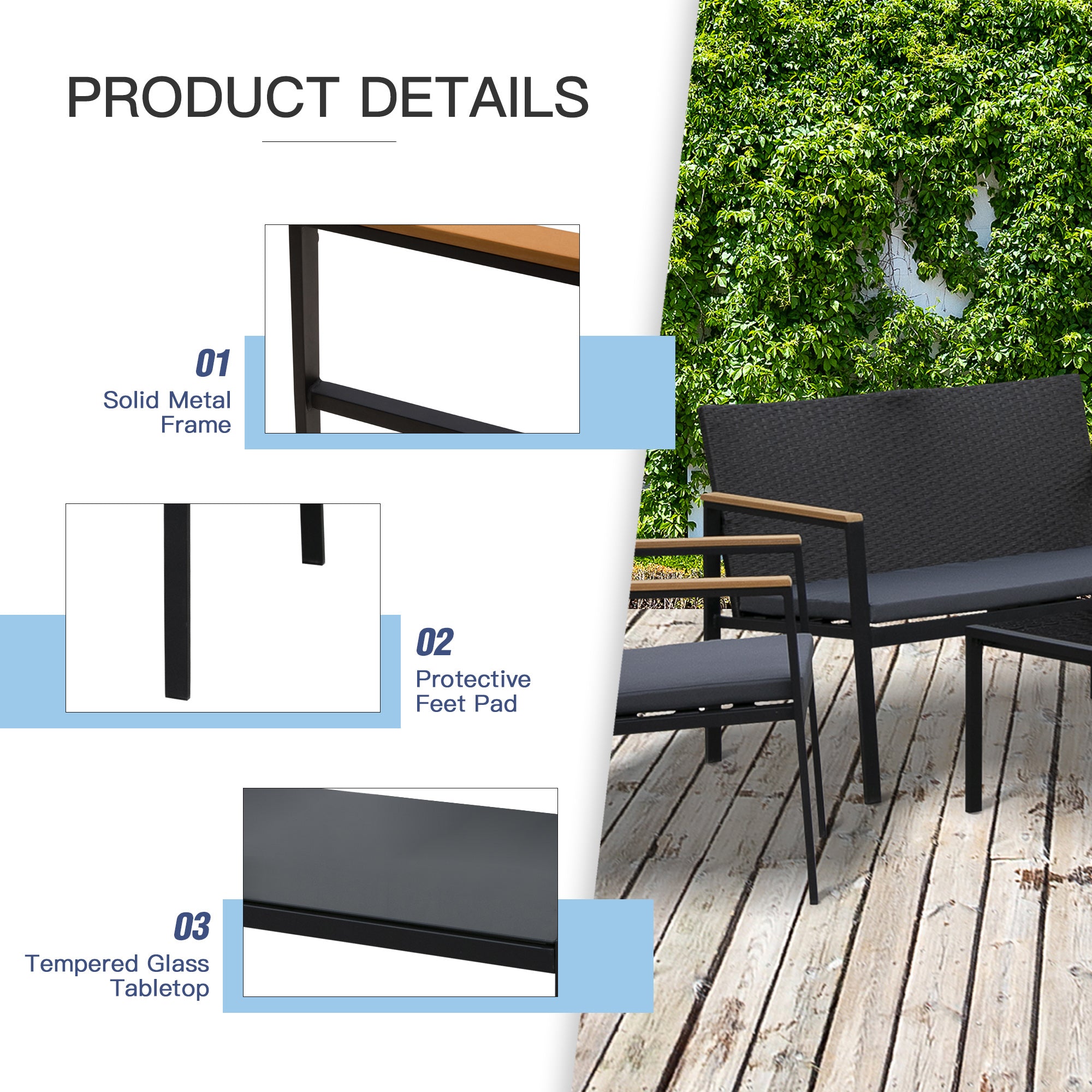 Outsunny 4 Pieces Rattan Garden Furniture Set, 4 Seater Garden Sofa Set with Loveseat, 2 Armchairs and Glass Top Coffee Table, Wicker Outdoor Conservatory Furniture with Cushions for Patio, Black