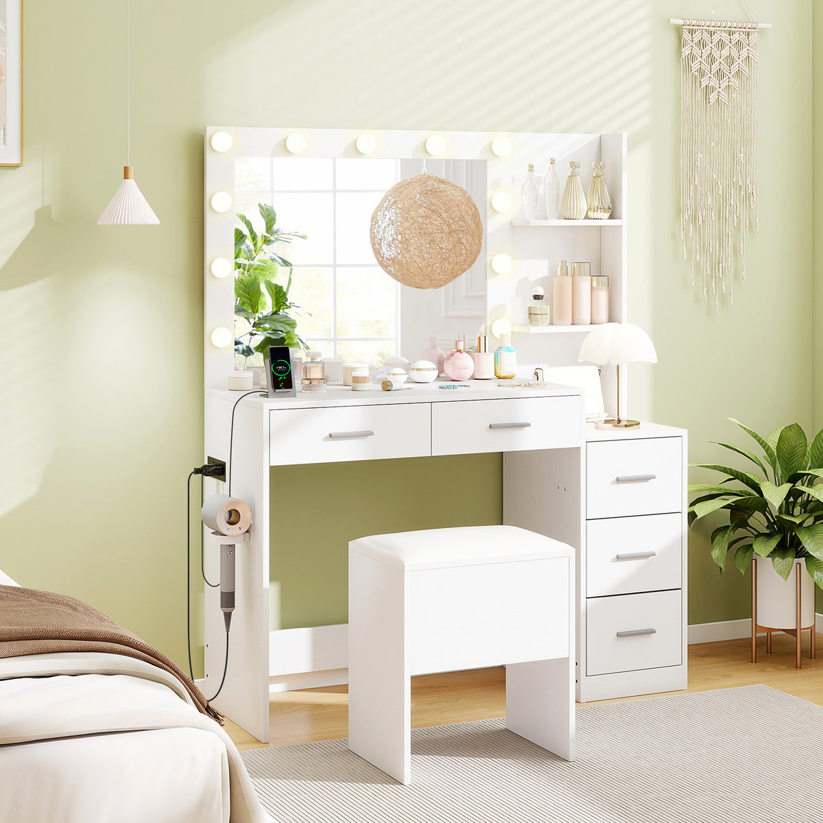 Vanity Desk with Mirror and Lights 5 Drawers Makeup Table Set with Storage Stool-White
