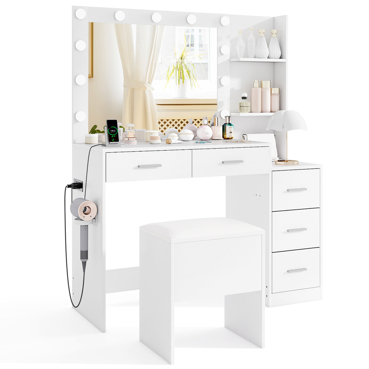 Vanity Desk with Mirror and Lights 5 Drawers Makeup Table Set with Storage Stool-White