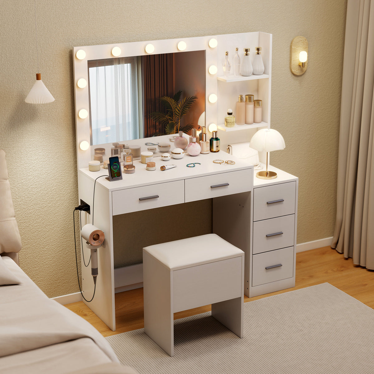 Vanity Desk with Mirror and Lights 5 Drawers Makeup Table Set with Storage Stool-White