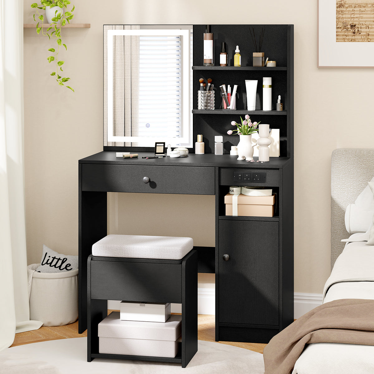 Vanity Desk with Mirror and Lights Dressing Table with Charging Station-Black